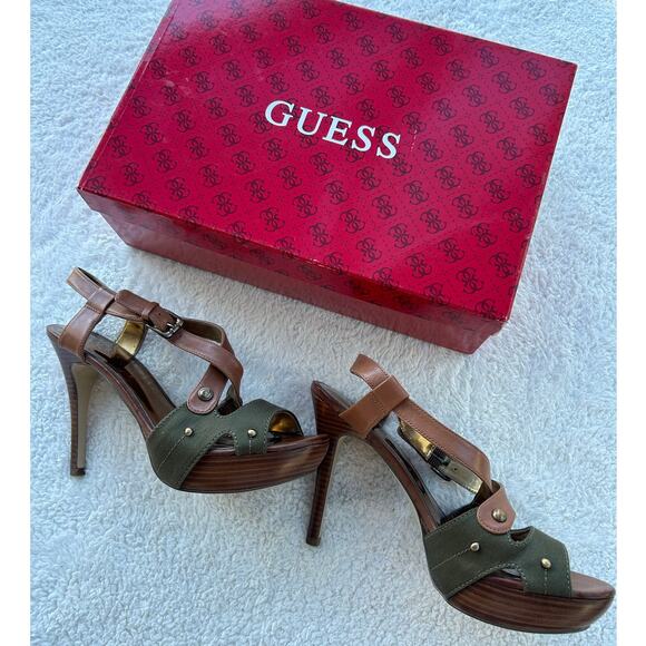 NWT Guess Belloma Green Multi Leather Platform Heel Size 8.5 - Picture 2 of 4